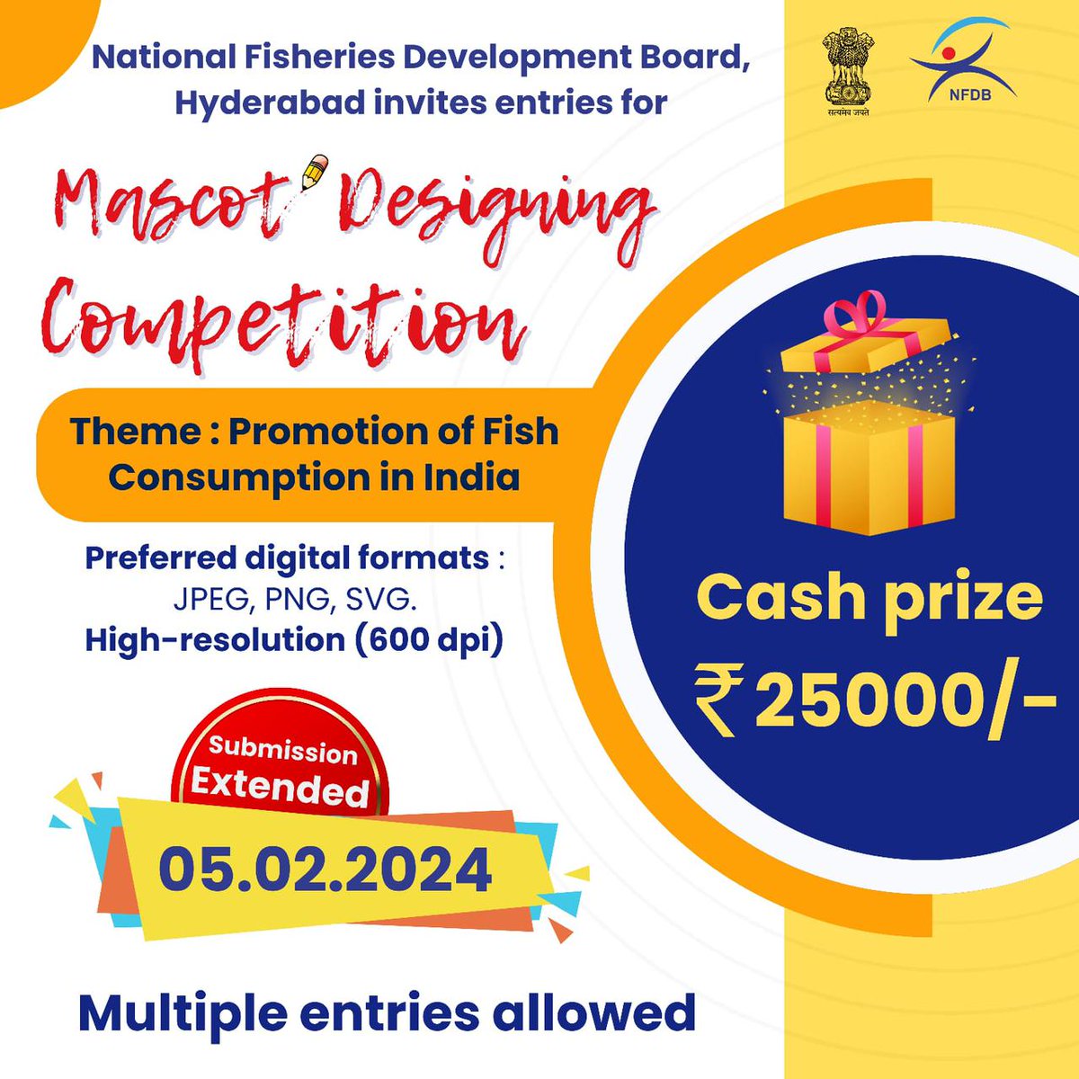 nfdbindia's tweet image. 🎉 Great news fish enthusiasts! You now have more time to design the NFDB mascot and can submit multiple entries.  #fishinindia #NFDBmascot #designcompetition #domesticfishconsumption #getcreative 🐟 @FisheriesGoI @LNMurthyARS