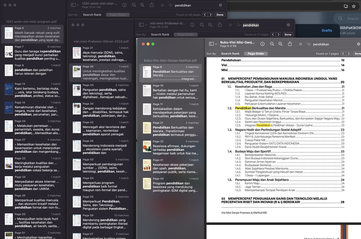 Jadi penasaran, cek lagi dokumen visi-misi ketiga paslon.

Search: "pendidikan tinggi"

Paslon 01: 5 halaman
Paslon 02: not found
Paslon 03: not found

Search: pendidikan

Paslon 01: 46 halaman
Paslon 02: 17 halaman
Paslon 03: 7 halaman

Search: universitas

Paslon 01: 3 halaman