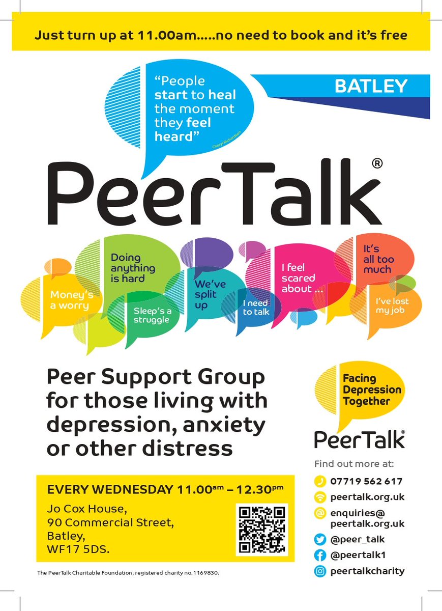 🌻PeerTalk in Batley🌻 Our Batley peer support group meets every Wednesday 11am - 12.30pm at Jo Cox House. A safe space for anyone over 18 experiencing emotional distress. #PeerTalk #peersupport #batley #anxiety #depression #mentalhealthsupport