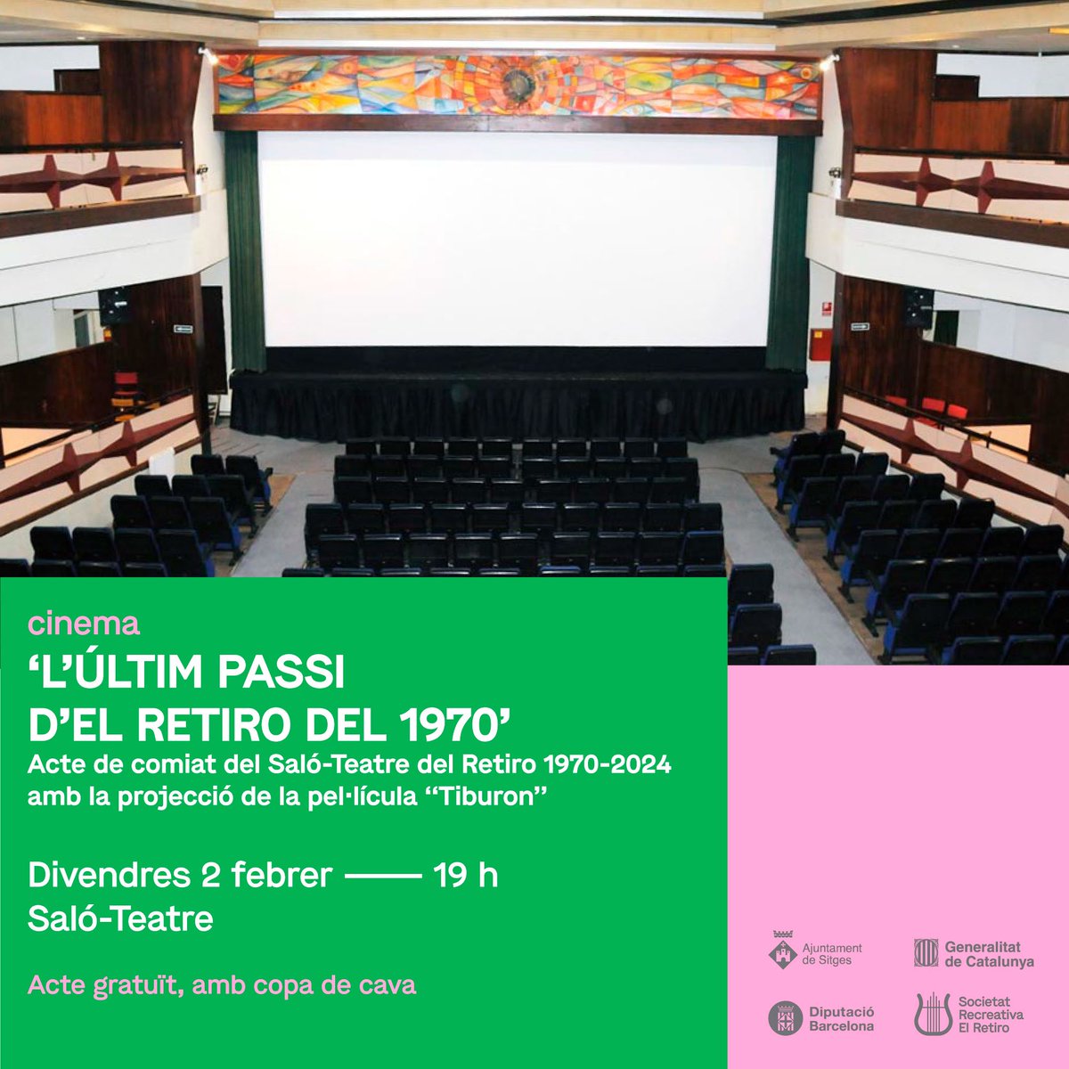 🟢El Retiro acomiadarà el saló-teatre del 1970 amb la projecció de “Tiburón”, 
aquest divendres 2 de febrer.

👉Abans de començar les obres, El Retiro convida els socis de l’entitat i poble de Sitges a ‘L’últim passi d’El Retiro del 1970’.