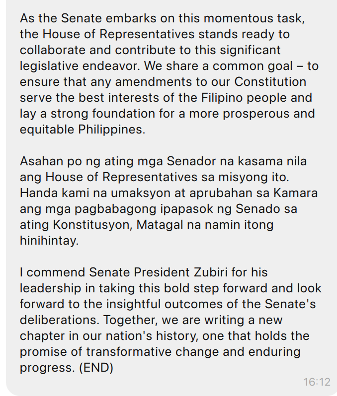 ABSCBNNews's tweet photo. Speaker Martin Romualdez: We are heartened by the news that the Senate, finally, will commence hearings on Resolution of Both Houses 6 next week. This marks a significant step towards the much-awaited constitutional amendments. | via @RG_Cruz12479  https://t.co/Xn1P0lUNCu