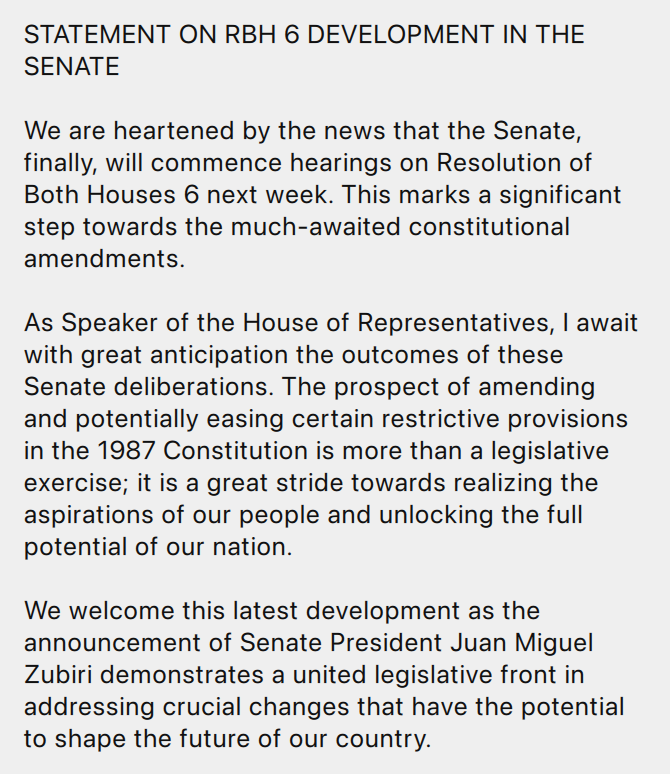 ABSCBNNews's tweet photo. Speaker Martin Romualdez: We are heartened by the news that the Senate, finally, will commence hearings on Resolution of Both Houses 6 next week. This marks a significant step towards the much-awaited constitutional amendments. | via @RG_Cruz12479  https://t.co/Xn1P0lUNCu