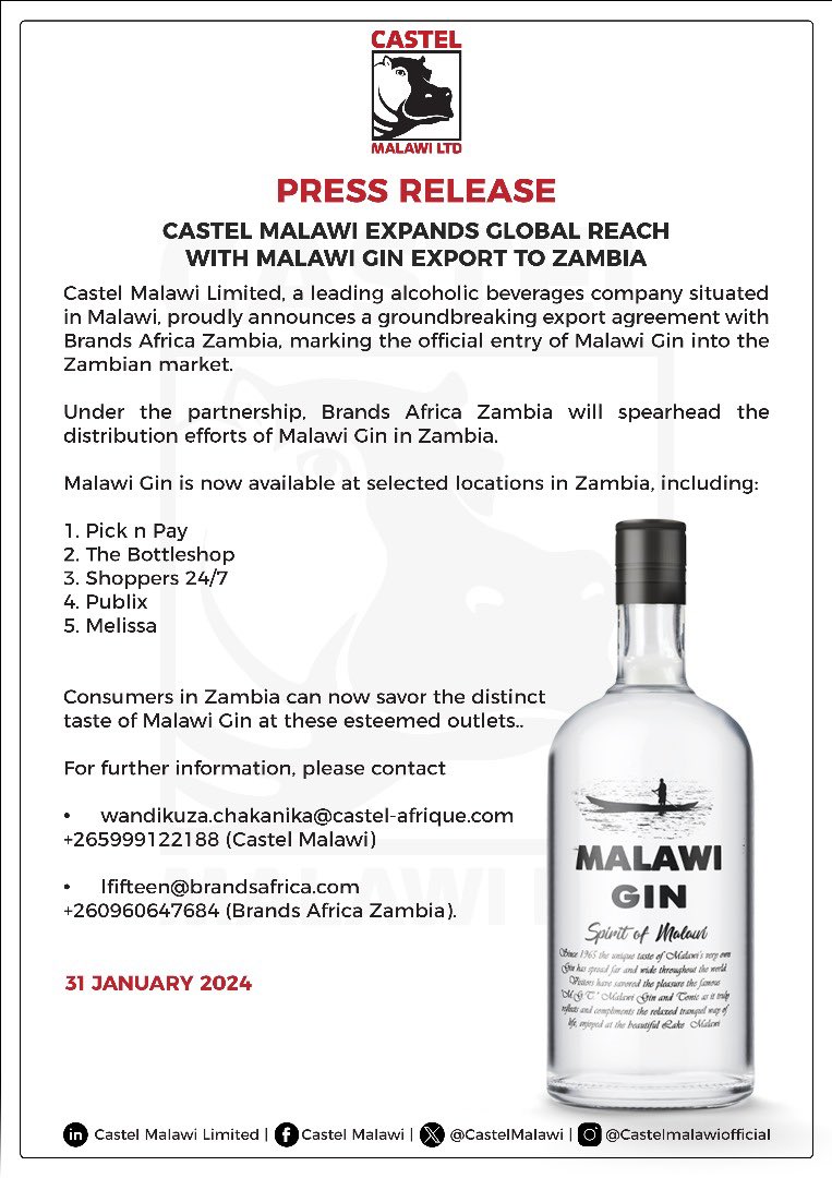 Here’s to our first sip into Zambia’s vibrant market 🥂

Castel Malawi's finest Malawi Gin is now crossing borders into #Zambia! 🇲🇼🇿🇲

Get ready to elevate your taste with our premium gin, available at Pick n Pay, The Bottleshop, Shoppers 24/7, Publix, and Melissa. 🍸