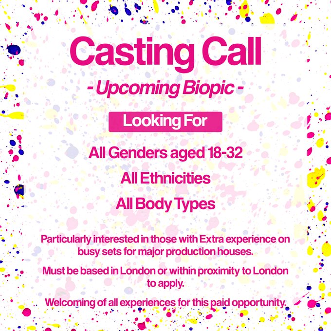 LensFlareProds's tweet photo. #CastingCall - PAID BIOPIC OPPORTUNITY  

♂️♀️ ALL GENDERS #MALE #FEMALE #nonbinary #TRANS

ALL #ETHNICITIES WELCOMED &amp; ENCOURAGED

#Filming Opportunity for #actress #actor based in #London , #UK for upcoming major #biopic

  #casting #ukmedia 

https://t.co/WXL9rl3co4 https://t.co/OhcVZfRkBB