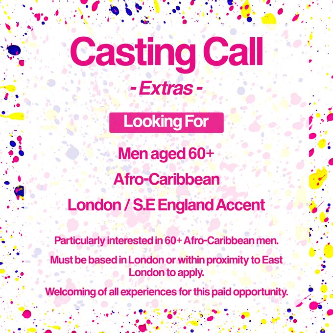 LensFlareProds's tweet photo. #CastingCall - PAID OPPORTUNITY FOR EXTRAS

♂️ MEN aged 60+
#AfroCaribbean talent
🇬🇧 #London / Urban accent

Commercial #Filming Opportunity for male #actress #actor based in #London , #UK 

#mediajobs #casting #ukmedia

https://t.co/WXL9rl3co4 https://t.co/sn6DaQF7FF