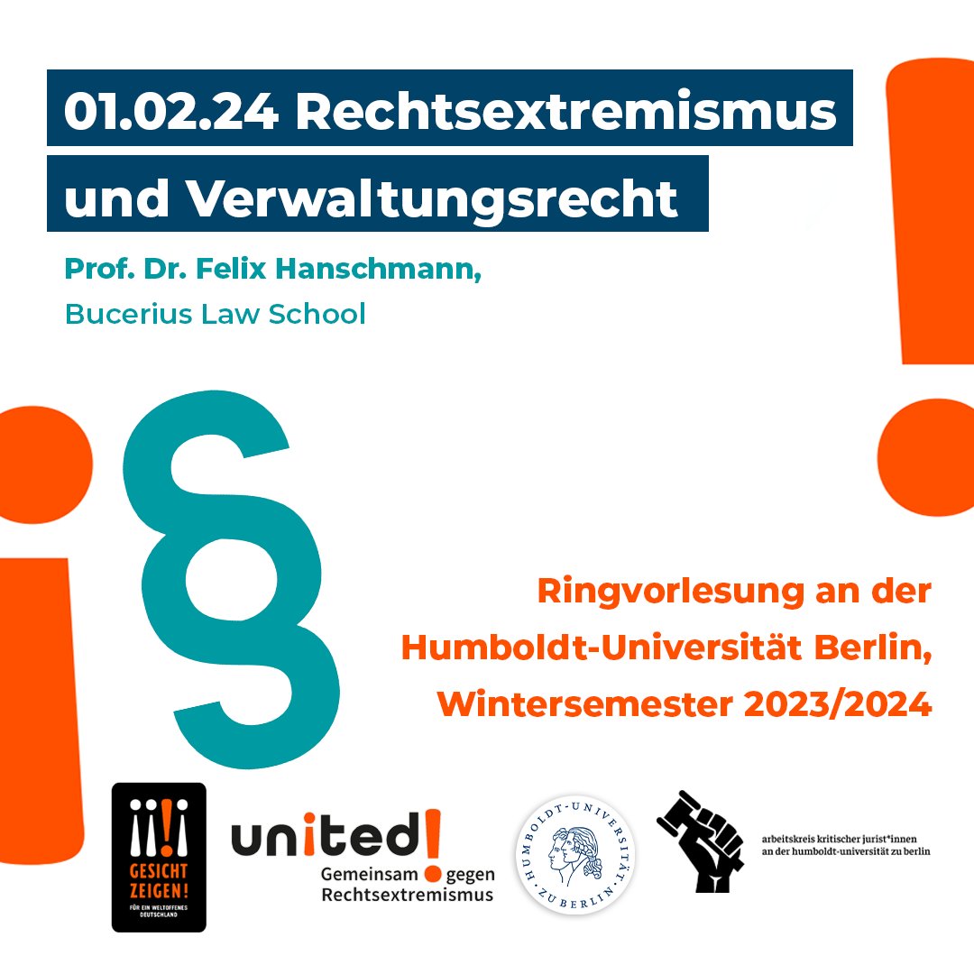 GesichtZeigen's tweet photo. Zum letzten Mal laden wir diesen Donnerstag zu unserer Ringvorlesung Rechtsextremismus, Recht und Justiz an der HU ein.

Kommt Donnerstag vorbei um 18:15 Uhr im Hörsaal 2097 im Hauptgebäude der @HumboldtUni,  Unter den Linden 6.

#RingVL #Justiz #Rechtsextremismus #gesichtzeigen https://t.co/2HnMMwcTb3