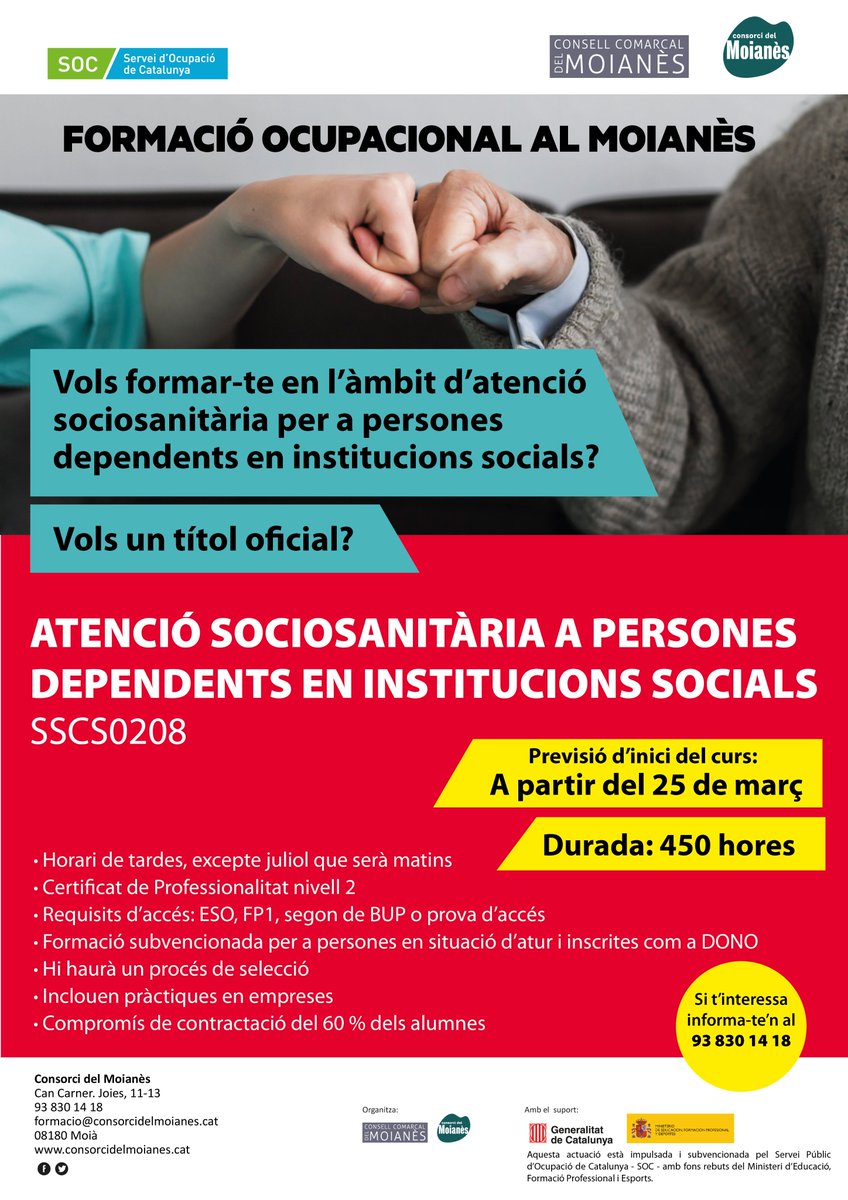 📢Formació ocupacional al #Moianès!
Vols formar-te en l'àmbit d'atenció sociosanitària? Vols un títol oficial?
➡️ATENCIÓ SOCIOSANITÀRIA A PERSONES DEPENDENTS EN INSTITUCIONS SOCIALS - Certificat de Professionalitat nivell C2 - 450 h
Informa't al <a href="/comarcamoianes/">Consell Comarcal del Moianès</a> - 938301418