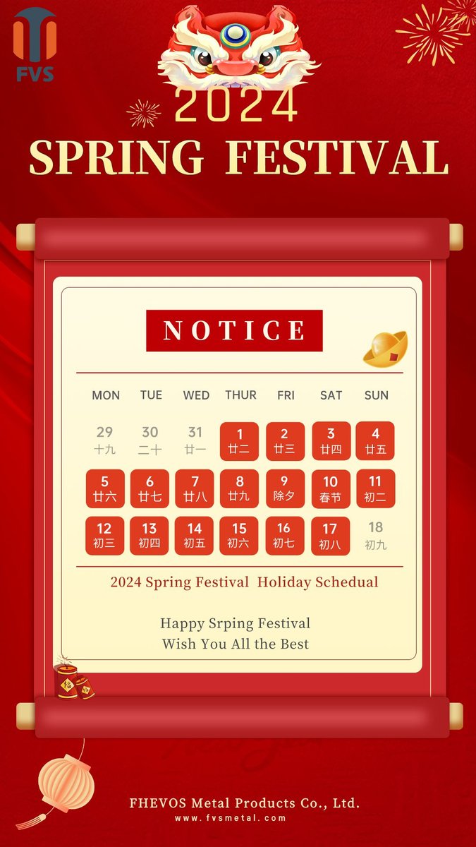 fhevos's tweet image. Kindly let you know that we will take Chinese Spring Festival holiday on 1st Feb to 17th Feb.
Any inquiry, please contact Ella at 86 18924250498 or send E-mail: manager@fvsmetal.com
Happy Chinese New Year!
#chinesenewyear2024 #fastenerfactory #fasteners #Holidays