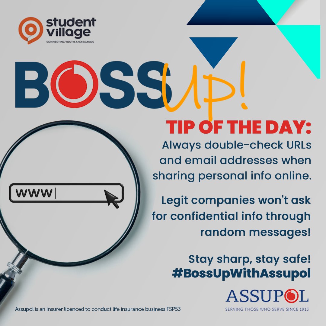 Tip of the day: Always double-check URLs and email addresses when sharing personal info online. Legit companies won't ask for confidential info through random messages! Stay sharp, stay safe! #BossUpWithAssupol