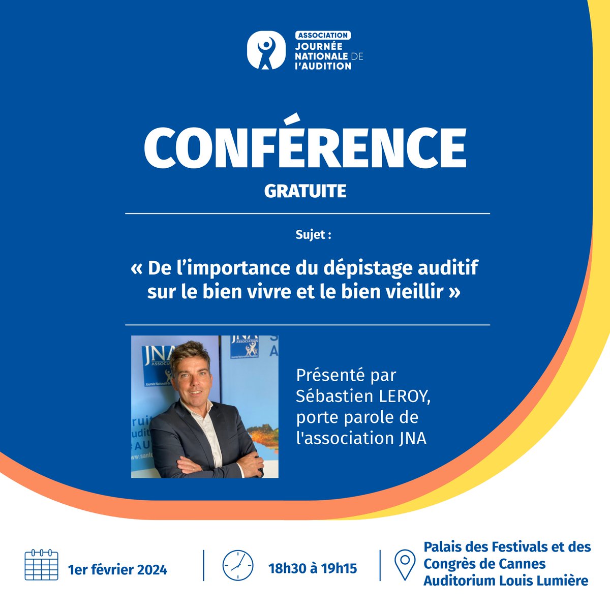 Association Nationale de l’Audition (@jna_association) on Twitter photo CONFÉRENCE GRATUITE | 🔊 À partir de demain, retrouvez-nous au <a href="/CannesPalais/">Palais des Festivals</a> à Cannes. Cette conférence éclairera sur la santé auditive en mettant en avant la prévention, le dépistage, et les actions à prendre en cas de perte auditive.
#Conférencesanté #ORL #audioprothèse CONFÉRENCE GRATUITE | 🔊 À partir de demain, retrouvez-nous au <a href="/CannesPalais/">Palais des Festivals</a> à Cannes. Cette conférence éclairera sur la santé auditive en mettant en avant la prévention, le dépistage, et les actions à prendre en cas de perte auditive.
#Conférencesanté #ORL #audioprothèse