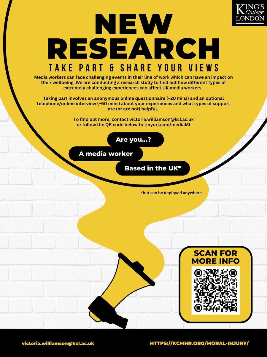 📢 Calling all UK media workers! Participate in our research exploring the impact of morally challenging events on wellbeing. Your insights are crucial to understanding and improving the support available 🌐🔍For more info👉 tinyurl.com/mediaMI @sianwilliams100