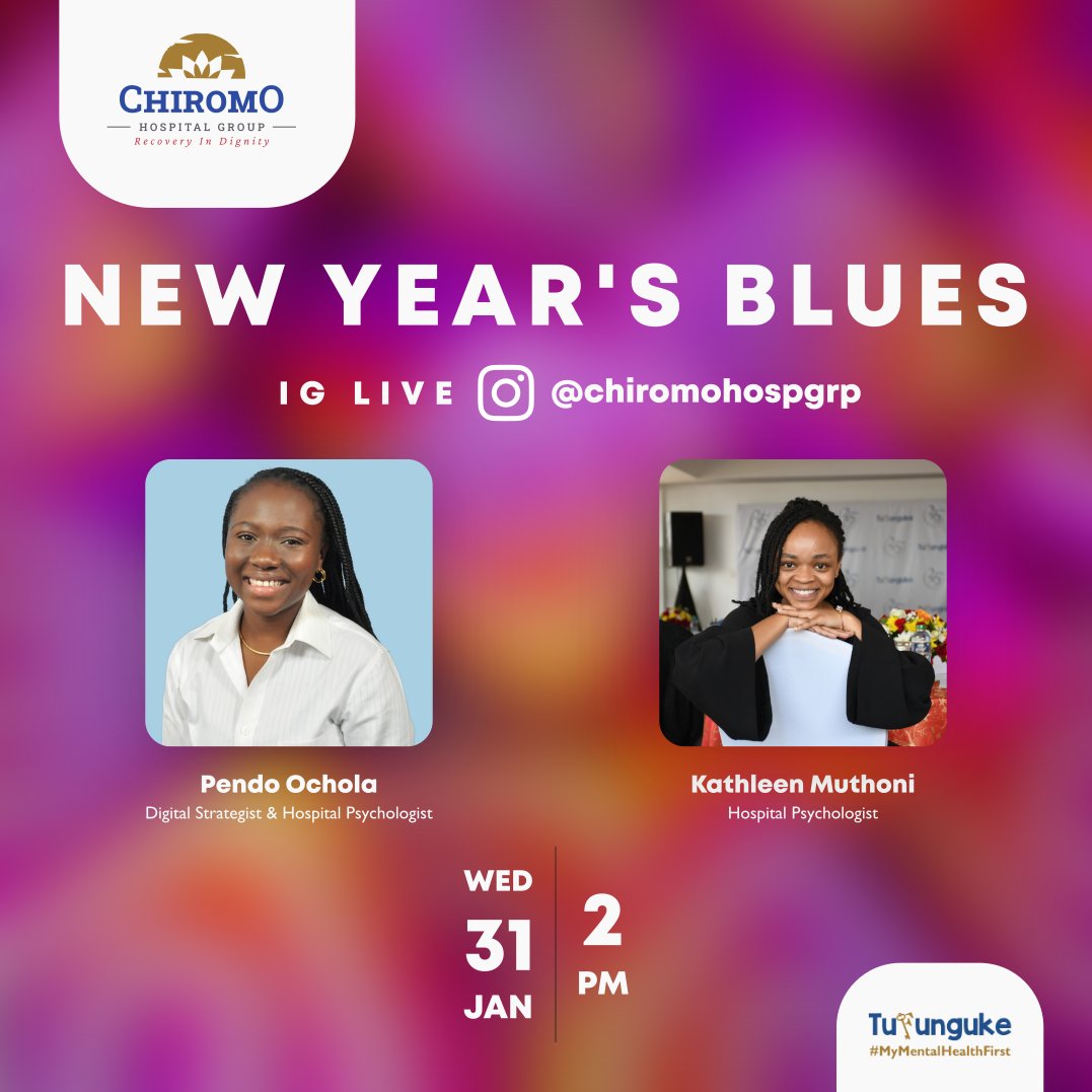 For the Last Day of January, 24', 

We are Doing a LIVE on IG recap of the article written by one of our own, Hospital Psychologist, Kathleen Muthoni, on New Year's Blues. 

This is to help you set the year on a good note. 

Got an hour to spare? Feel free to join in, share, ask