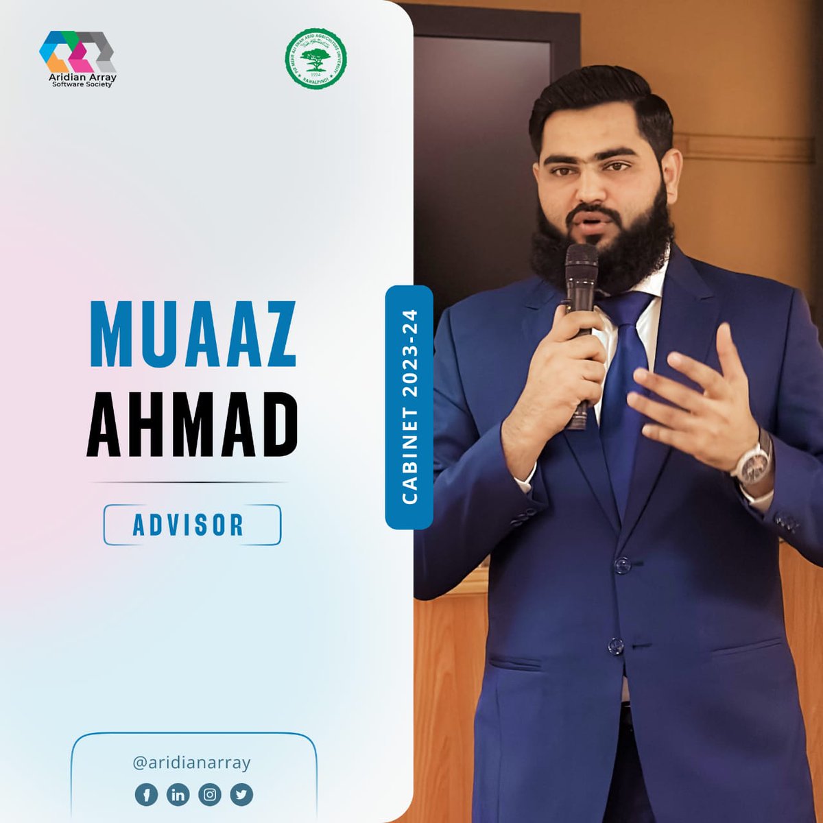 AridianArray's tweet photo. Aridian Array Software Society proudly announces Muaaz Ahmed as the Club Advisor for the year 2023-24!
 His contributions extend beyond positions, with notable achievements in website design, industrial visits, and outstanding performances in competitions. https://t.co/akKZN81EyA