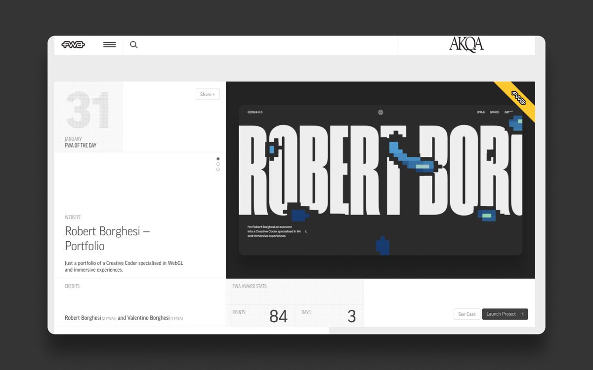 So nice to start the day with a fresh new @fwa 👏 Kudos to my (blood) brother in arms @borgatov ⤷ robertborghesi.is 🟦🟥🟩🟨⬛ - #fwa #threejs #gsap #webgl #shaders #nuxt