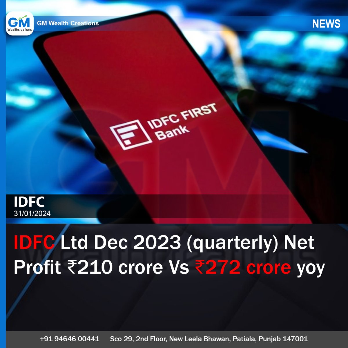 IDFC Ltd Dec 2023 (quarterly) Net Profit ₹210 crore Vs ₹272 crore yoy
#IDFCFIRSTBank #idfcFirst  #ProfitandLoss