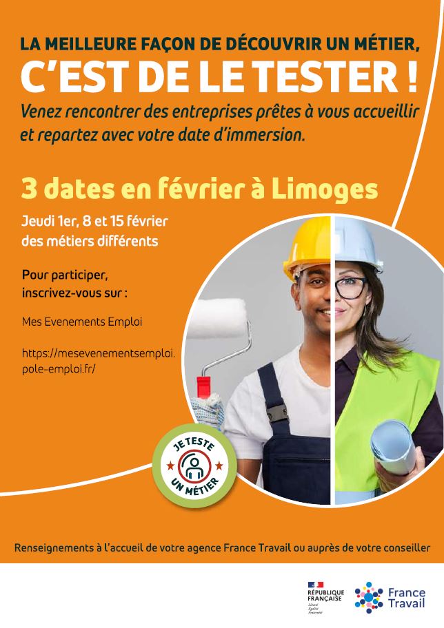 🤝Les 3 agences <a href="/FTravail_NA/">France Travail Nouvelle-Aquitaine</a> de #Limoges proposent de rencontrer des entreprises pour tester un métier.
🎯préparer un projet professionnel, découvrir un environnement de travail, mieux candidater.
3⃣ dates : + de choix, + d'opportunités
✅Inscription sur : mesevenementsemploi.pole-emploi.fr