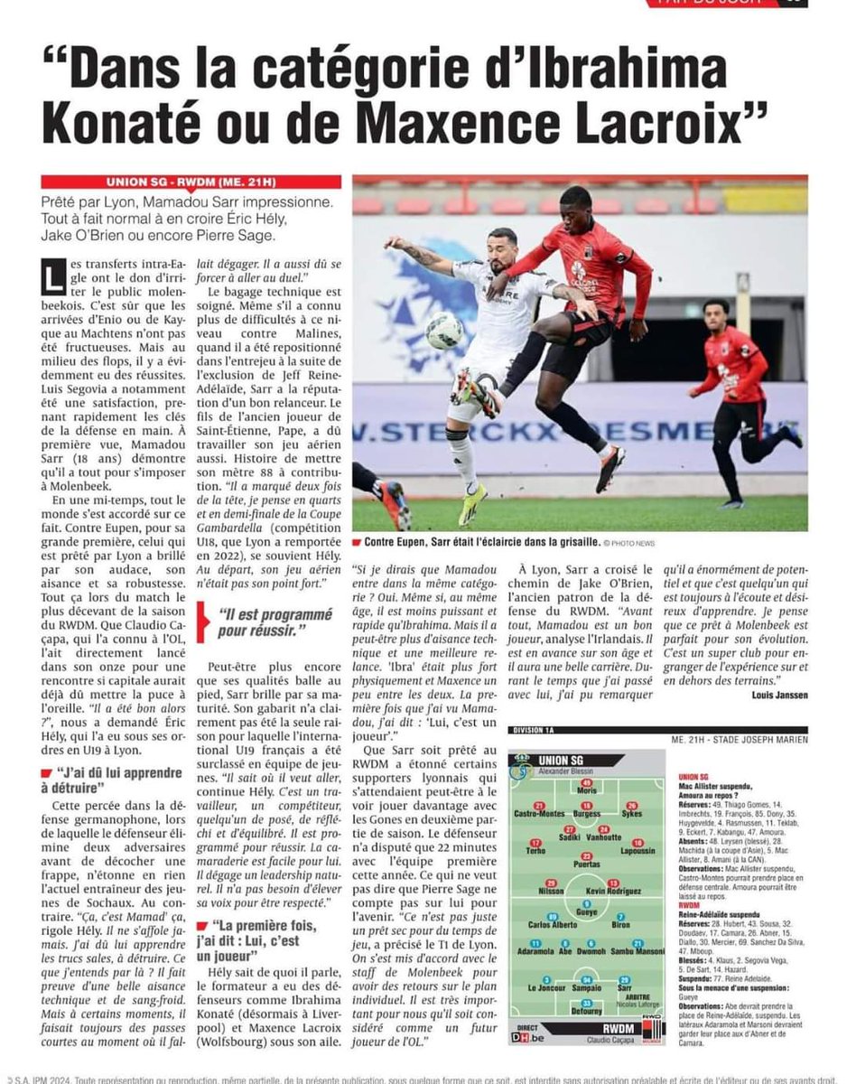 Amis Lyonnais, premier article sur Mamadou Sarr dans la presse Belge. Pour info, ce soir gros Derby Bruxellois face a une équipe dont je n'arrive pas a dire le nom.