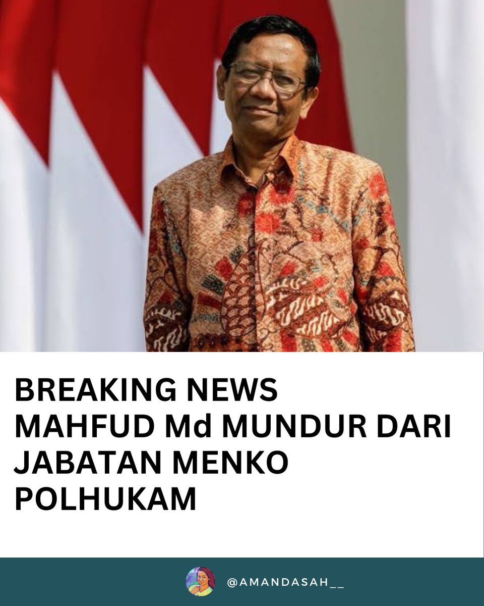amandasah__'s tweet photo. BREAKING NEWS

Prof. Mahfud Md pada hari Rabu tgl 31 Januari 2024 resmi menyatakan mundur dari jabatan Menko Polhukam kabinet Jokowi.

"...Saya sudah jadi Cawapres, jadi harus jelas."

Sedih mendengar Prof. @mohmahfudmd mundur, tapi kita tahu semua karena nilai dan integritasnya. https://t.co/FC2114Nv4S
