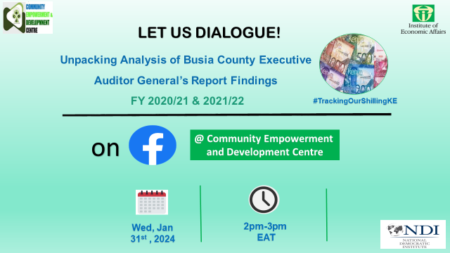 2 hours to go! Join us on Facebook as we share Analysis of Busia County Executive Audit Reports FY 2020 to 2022. let us track our budget spending together. @IEAKenya  @040County 
#TrackingOurShillingKE
#CommunityEmpowermentke