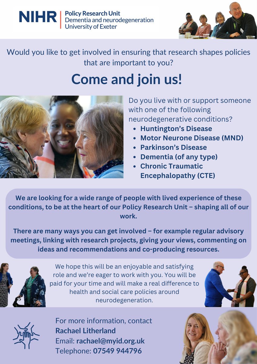 NIHR PRU in Dementia and Neurodegeneration Exeter (@denpruexeter) on Twitter photo 📢Calling #ExpertsByExperience! 📢
We are growing our #PPIE network: if you have #LivedExperience of #HuntingtonsDisease (HD) #MND #Parkinsons #dementia or #CTE contact the lovely Rachael of <a href="/Innov_Dementia/">Innovations in Dementia</a> to get involved. Together we can do more 💙 📢Calling #ExpertsByExperience! 📢
We are growing our #PPIE network: if you have #LivedExperience of #HuntingtonsDisease (HD) #MND #Parkinsons #dementia or #CTE contact the lovely Rachael of <a href="/Innov_Dementia/">Innovations in Dementia</a> to get involved. Together we can do more 💙