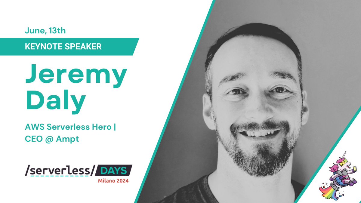 ServerlessDays Milano -- Keynote 📣📣📣

We're happy to announce our first Keynote Speaker
<a href="/jeremy_daly/">Jeremy Daly</a>, AWS Serverless Hero and Ampt CEO, as Keynote Speaker of ServerlessDays Milano!

Blogger, offbynone.io, and Serverless Chats host Jeremy is a serverless superstar!