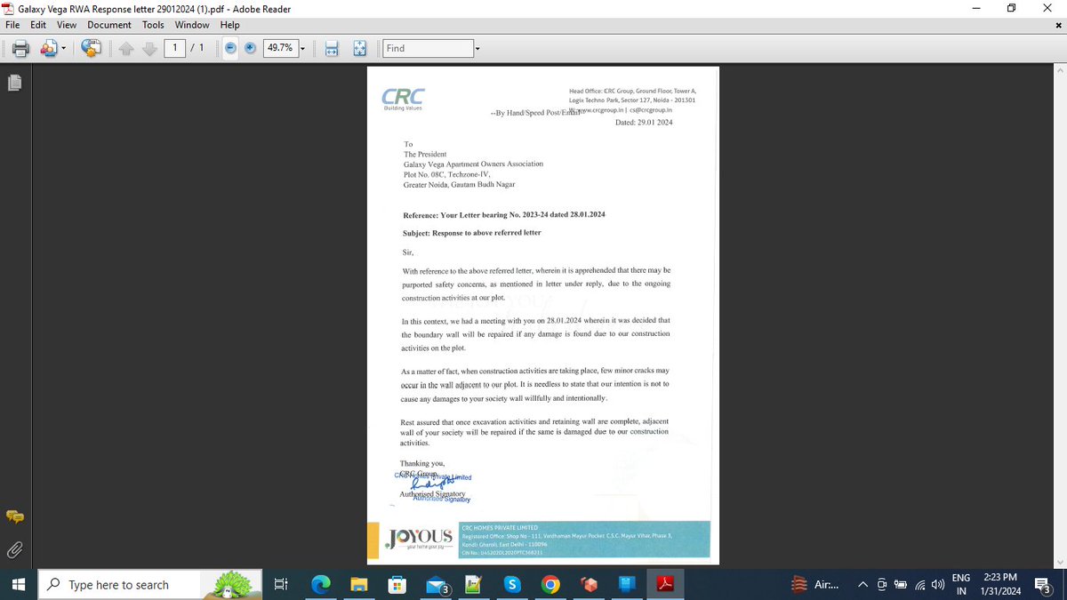 isanjaysaraswat's tweet photo. letter also sent by AOA, and respnse from CRC @dmgbnagar @OfficialGNIDA @CMOfficeUP @dr_maheshsharma @tejpalnagarMLA https://t.co/g6sf8Q7sk5