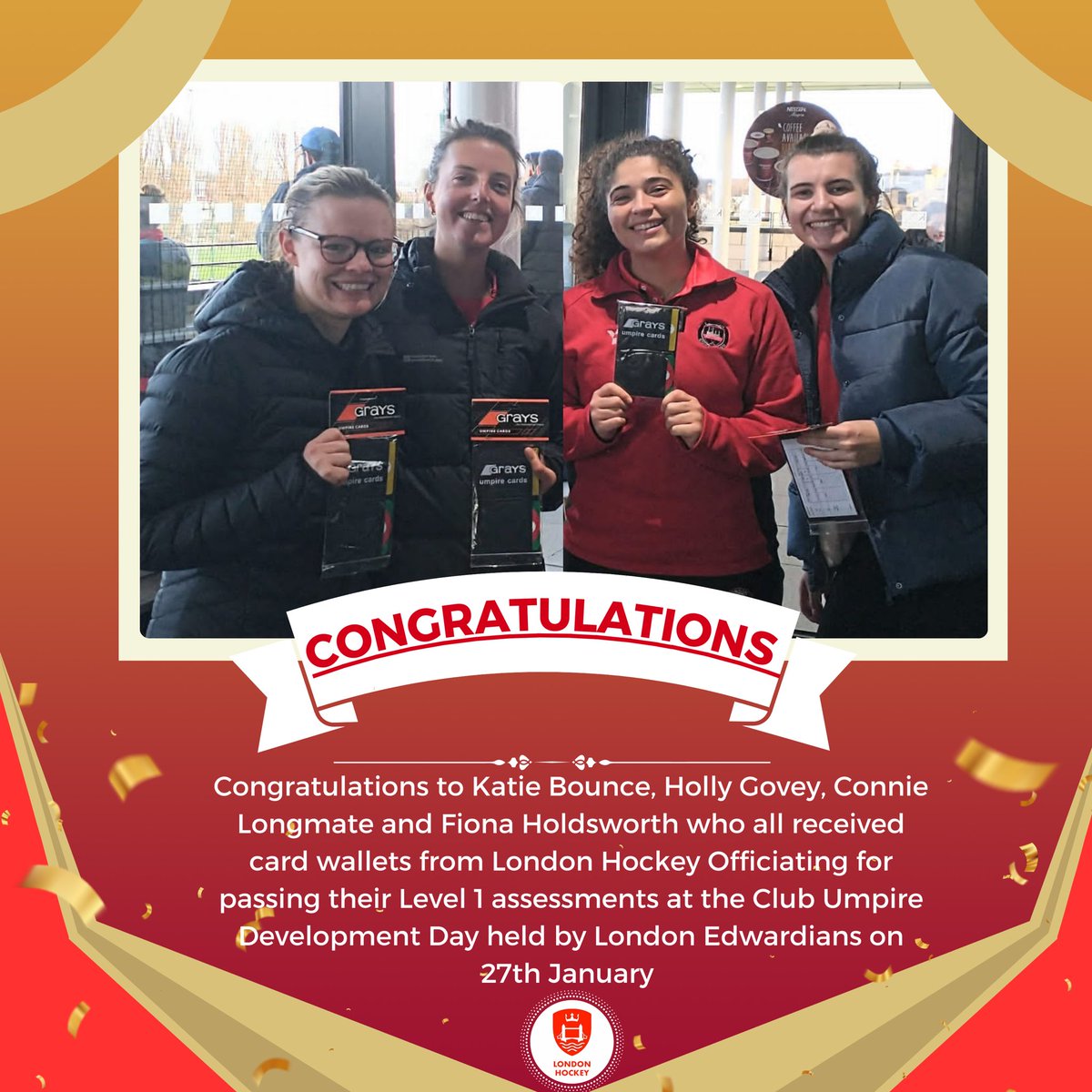 Congratulations to Katie Bounce, Holly Govey, Connie Longmate &amp; Fiona Holdsworth who all received card wallets from London Hockey Officiating for passing their Level 1 assessments at the Club Umpire Development Day held by <a href="/LondonEdsHC/">London Edwardians</a> on 27th January 
 #ClubUmpireDevelopmentDay