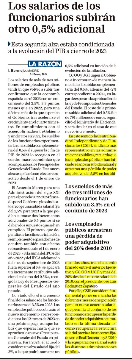 CSIFnacional's tweet photo. 📢 Las/os empleados públicos inician 2024 sin subida salarial y acumulan entre 2022 y 2023 una pérdida del 5,8% de poder adquisitivo por el acuerdo suscrito entre CC.OO y UGT.

🗣️ Es necesario un nuevo acuerdo salarial que ponga en valor el trabajo de los/as #EmpleadosPúblicos, mejorando sus condiciones laborales y retributivas.

🗞️ Así recogen El Mundo y La Razón nuestras reivindicaciones ⬇️