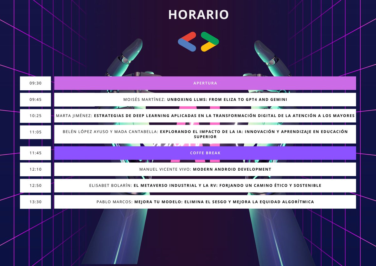 Hoy comenzamos la jornada con <a href="/moisipm/">Moisés M. Martínez (at home 🏡)</a> ❗️
También os dejamos por aquí el horario para que veíais que nos espera hoy✨
@GoogleDevEurope <a href="/GDG_ES/">GDG Spain</a>