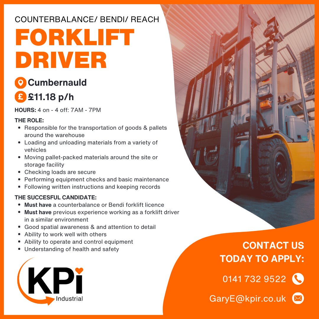 **FORKLIFT DRIVER** Cumbernauld. £11.18 p/h

Call 0141 7329522 or email GaryE@kpir.co.uk to apply.

Visit bit.ly/KPIIndJob to find MORE Jobs like this!

#FLTJobs #ForkLiftDriver #Counterbalance #Bendi #Reach #LanarkshireJobs #CumbernauldJobs #JobSearch #KPIRecruiting