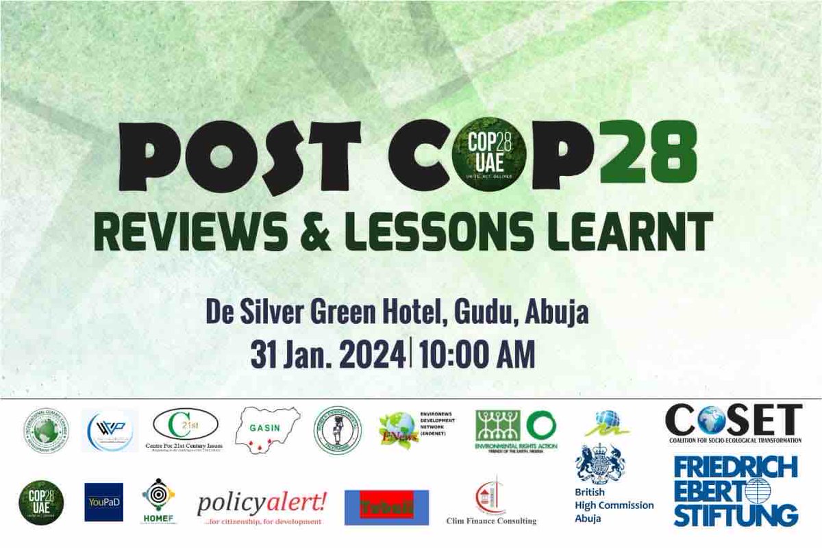 ClimateWed's tweet photo. Today, we are thrilled to co-host the POST #COP28 hybrid event in Abuja! Join us online to be part of the discussions.
Topic: POST COP28: Reviews & Lessons Learnt!
Kindly join with this link: https://t.co/qFgcG6tNkF
Together, let’s take bold #ClimateAction! #PostCOP28 https://t.co/wPiKBSNJ5g
