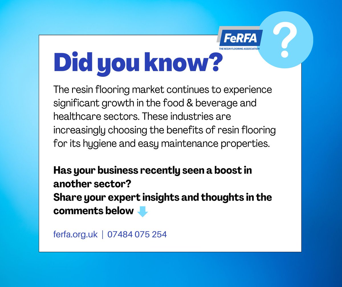 Resin flooring is booming in the food &amp; beverage and healthcare sectors for its hygiene and maintenance benefits. 🏥 

Have you seen growth in other sectors? Share your insights! #ResinFlooring #IndustryGrowth