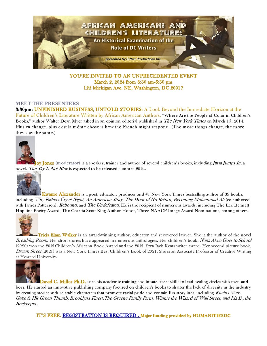 TRUNKS, SATCHELS AND THE US POSTAL SERVICE and UNFINISHED BUSINESS, UNTOLD STORIES are two more panel discussions that are a part of AACL which is scheduled to take place on March 2nd.

Info: aachildrenslit2023@gmail.com.

Thank you #dmv