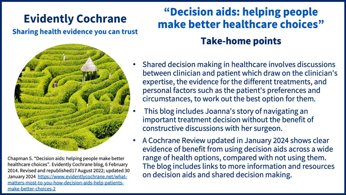 'When faced with healthcare choices, how do we work out what to do? Decision aids can help...' buff.ly/3QRLsAg A @CochraneUK blog by @SarahChapman30: including Joanna’s story of her experience of making an important treatment decision, plus resources & Cochrane evidence.