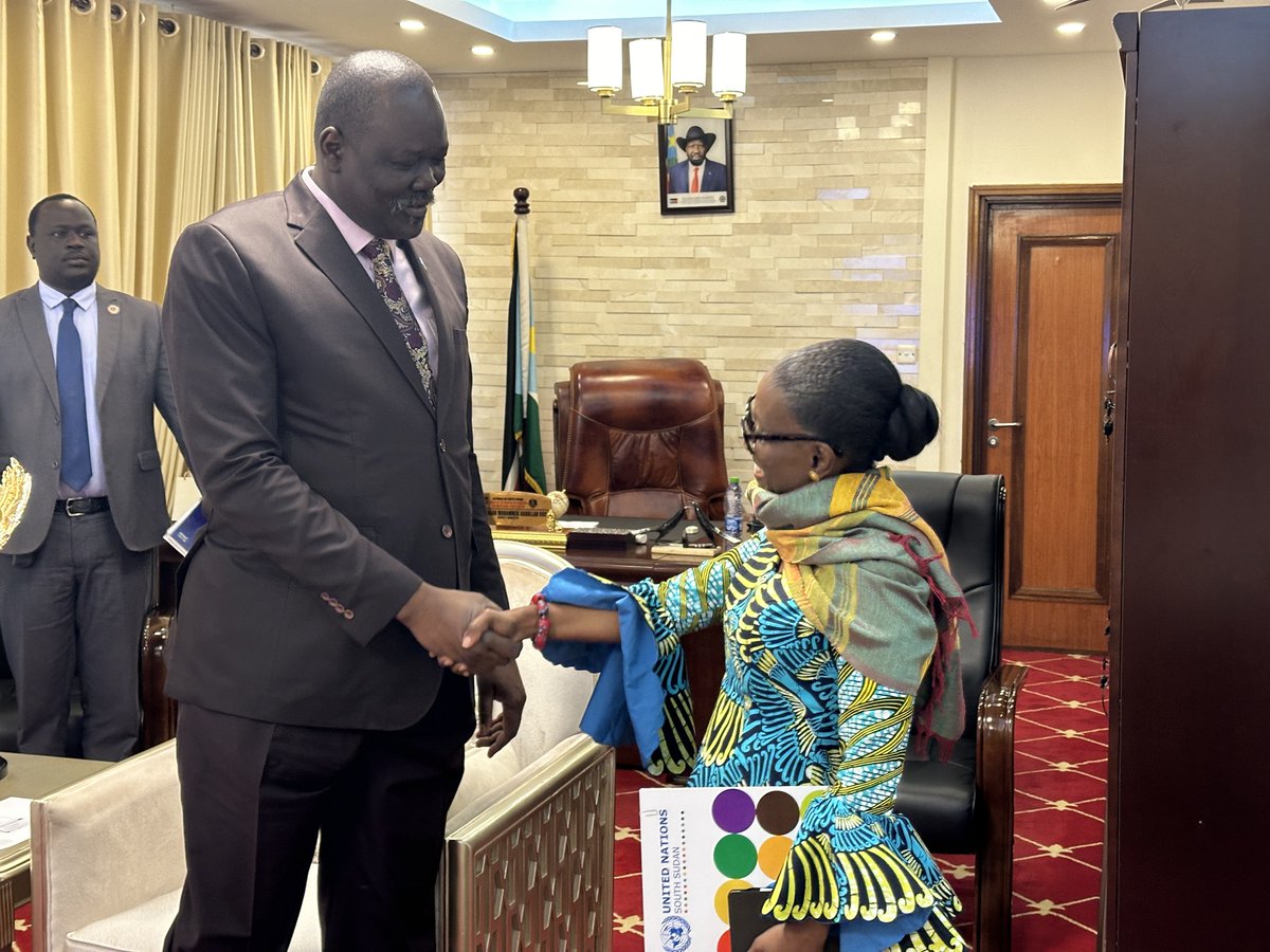 OCHASouthSudan's tweet photo. @UN's #SouthSudan Resident/Humanitarian Coordinator @kikigbeho paid her first courtesy call to Acting Minister of Foreign Affairs Hon Ramadan Mohamed Abdallah Goc to discuss humanitarian and development priorities and @mofaicss commitment to work jointly with the UN. #SDGs https://t.co/1QIsG493XS