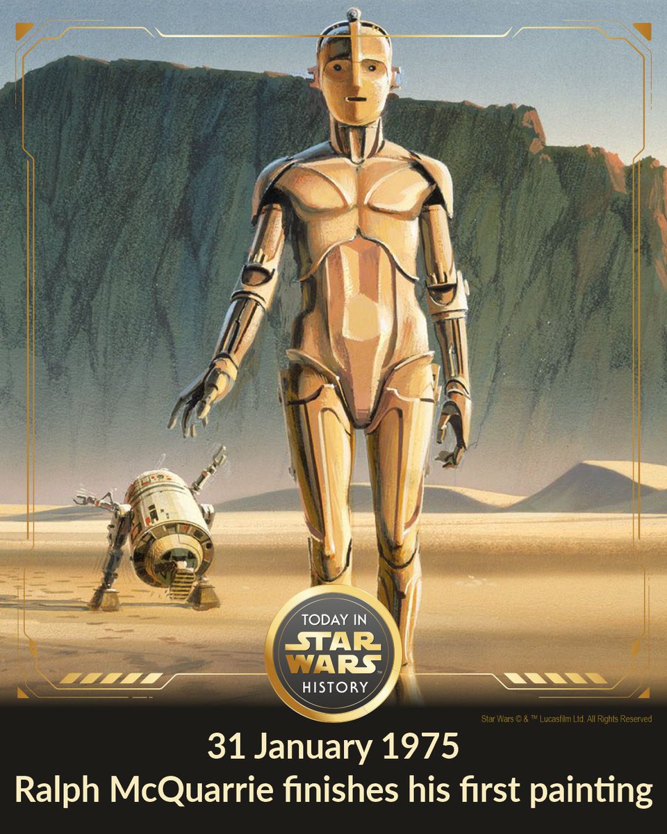 31 January 1975 #TodayinStarWarsHistory Ralph McQuarrie finishes his first painting based on The Star Wars story. This first painting, entitled 'Artoo and Threepio leave the pod in the desert,' featured the two droid characters wandering through the desert of Utapau. #TheMakingOf