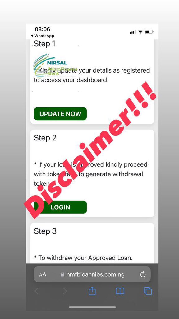 NirsalMFB's tweet image. &quot;Dear Beneficiary of Non-
Interest Nirsal loan, kindly visit:
nmfbloannibs.com.ng to
update and accept your offer.&quot;
Kindly note that this message is
NOT FROM US. It&apos;s from
fraudsters who are interested in
your hard-earned money.
#nmfbcares #easilyaccessible