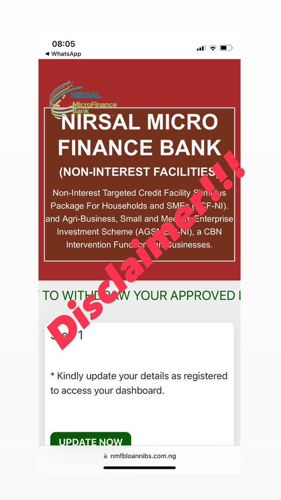 NirsalMFB's tweet image. &quot;Dear Beneficiary of Non-
Interest Nirsal loan, kindly visit:
nmfbloannibs.com.ng to
update and accept your offer.&quot;
Kindly note that this message is
NOT FROM US. It&apos;s from
fraudsters who are interested in
your hard-earned money.
#nmfbcares #easilyaccessible
