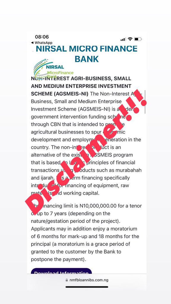NirsalMFB's tweet image. &quot;Dear Beneficiary of Non-
Interest Nirsal loan, kindly visit:
nmfbloannibs.com.ng to
update and accept your offer.&quot;
Kindly note that this message is
NOT FROM US. It&apos;s from
fraudsters who are interested in
your hard-earned money.
#nmfbcares #easilyaccessible