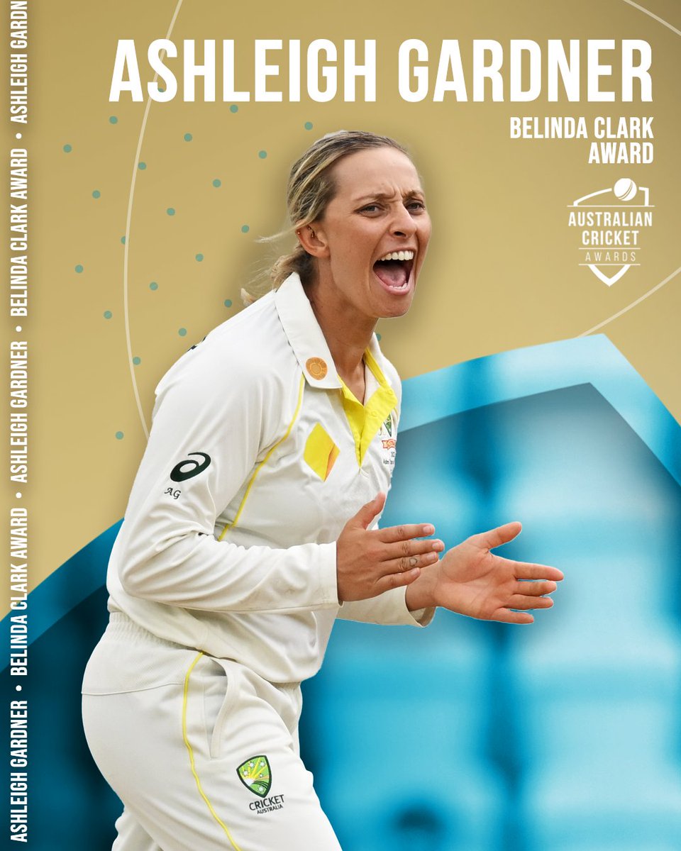 CricketAus's tweet photo. An incredible 12 months, capped off by THAT Ashes Test 🤩
 
Ash Gardner continues to take the world by storm, now crowned as the 2023 Belinda Clark Award winner! #AusCricketAwards https://t.co/DM2St98GaK