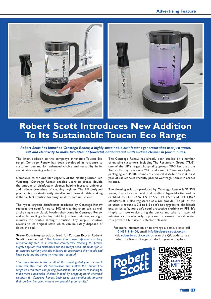 FMUKmagazine1's tweet image. Latest Issue📰: @RobertScottCo has launched Centrego Renew, a highly #sustainable #disinfectant generator that makes 2 litres of powerful, antibacterial multi‑surface #cleaner in 4 minutes.

➡️fmuk-online.co.uk/features/5062
#facman #FacilitiesManagement #safe #cleaning