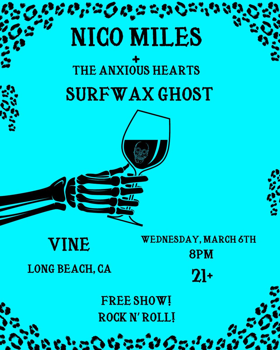 NicoMiles421's tweet photo. Our first show of 2024 booked in Long Beach at Vine!
And It's Free!

March 6th
21+

Surfwax Ghost 8pm
Nico Miles + The Anxious Hearts 9pm

RSVP here

https://t.co/EFXvPsUjNX https://t.co/WHpc7FutfR