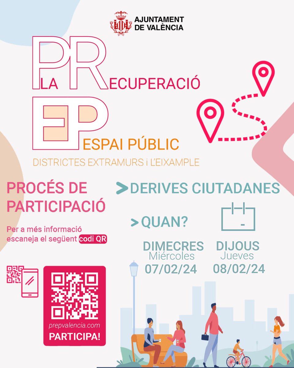 participaVLC's tweet photo. Pla de Recuperació d'Espai Públic per a l'Eixample i Extramurs 🏠🌳
La propera setmana realitzarem passejades pels barris per conéixer les percepcions dels veïns i veïnes sobre el territori relacionades amb l'espai públic i la mobilitat.
Inscripcions👉🏼 https://t.co/pZ74rx1ott https://t.co/xNZCz1YfDw