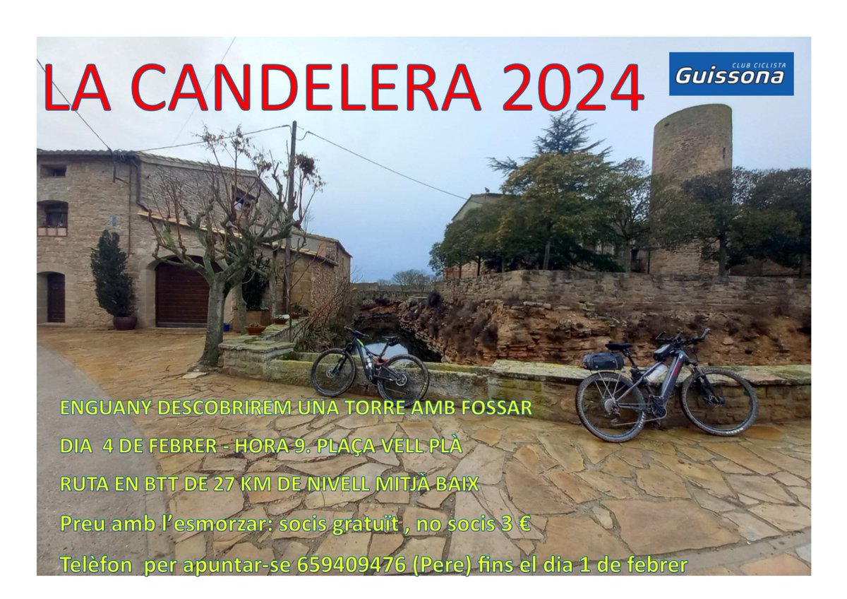 El pròxim diumenge, ruta en BICICLETA, LA CANDELERA! Últim dia per inscriure's dijous 1 de febrer: 659 40 94 76 Organitza: Club Ciclista Guissona