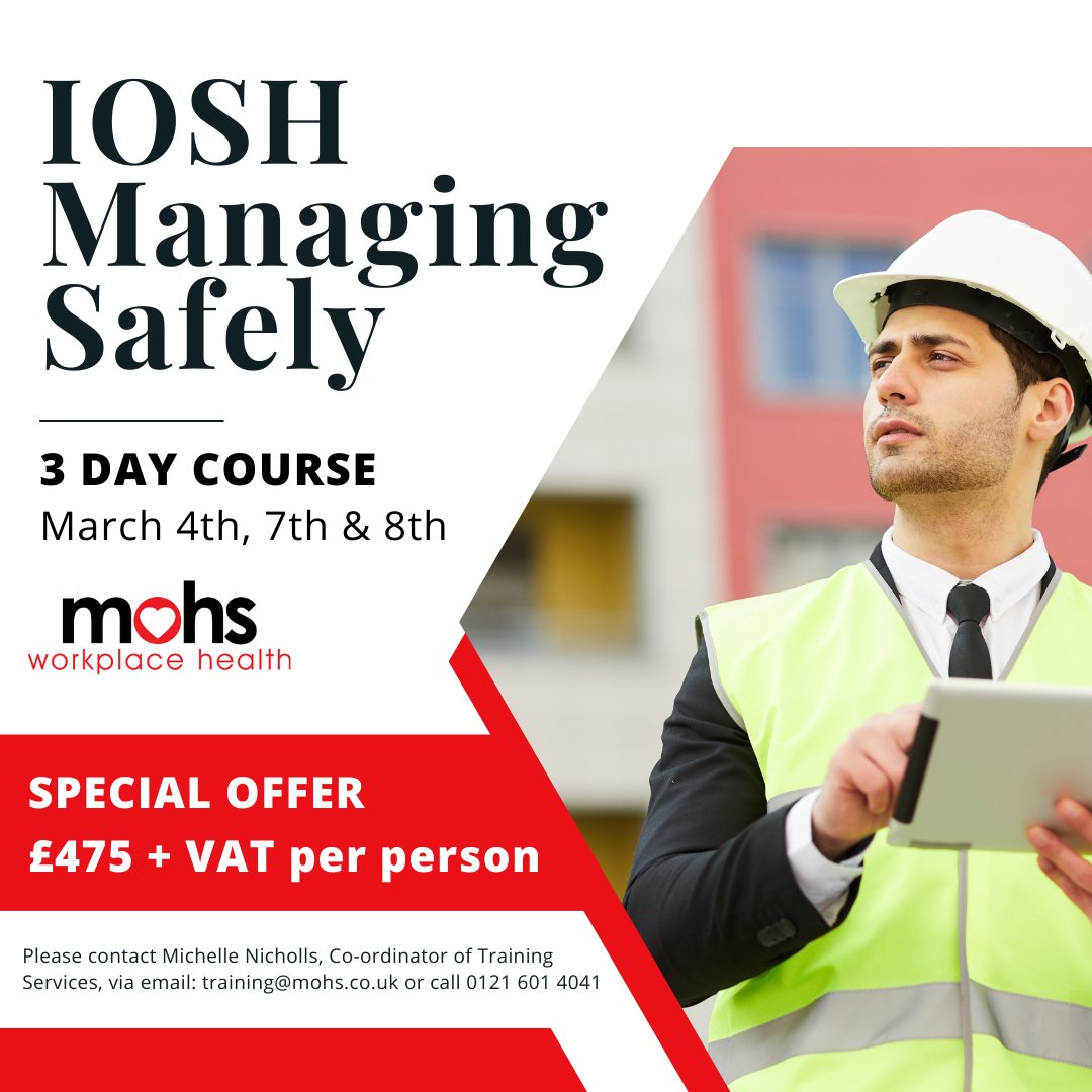 To make a booking, please contact Michelle Nicholls, Co-ordinator of Training Services, via email: training@mohs.co.uk or call 0121 601 4041

#IOSH #PeopleDevelopment #ManagingSafely #MOHSCourses