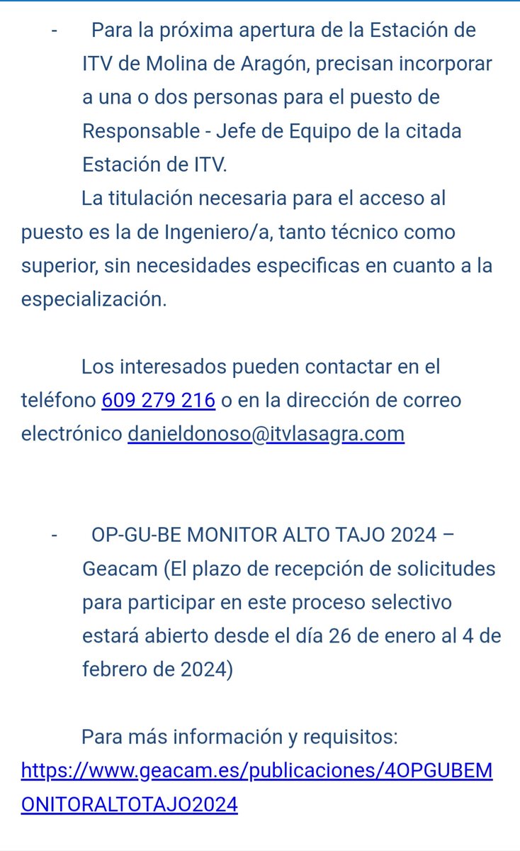 Desde la Asociacion de desarrollo rural Molina de Aragon-Alto Tajo ADR Molina de Aragón Alto Tajo nos hacen llegar estas dos ofertas de empleo que esperamos sean de vuestro interés.