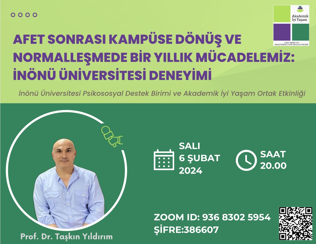 Depremin yıldönümünde, <a href="/akademikiyiyasa/">Akademik İyi Yaşam</a> işbirliğiyle İnönü Üniversitesi Afet Sonrası Psikososyal Destek Birimi olarak kazandığımız bir yıllık deneyimleri paylaşacağımız 6 Şubat 2024 saat 20:00'daki etkinliğimize bekleriz. <a href="/TaskYildirim/">Taşkın YILDIRIM</a>