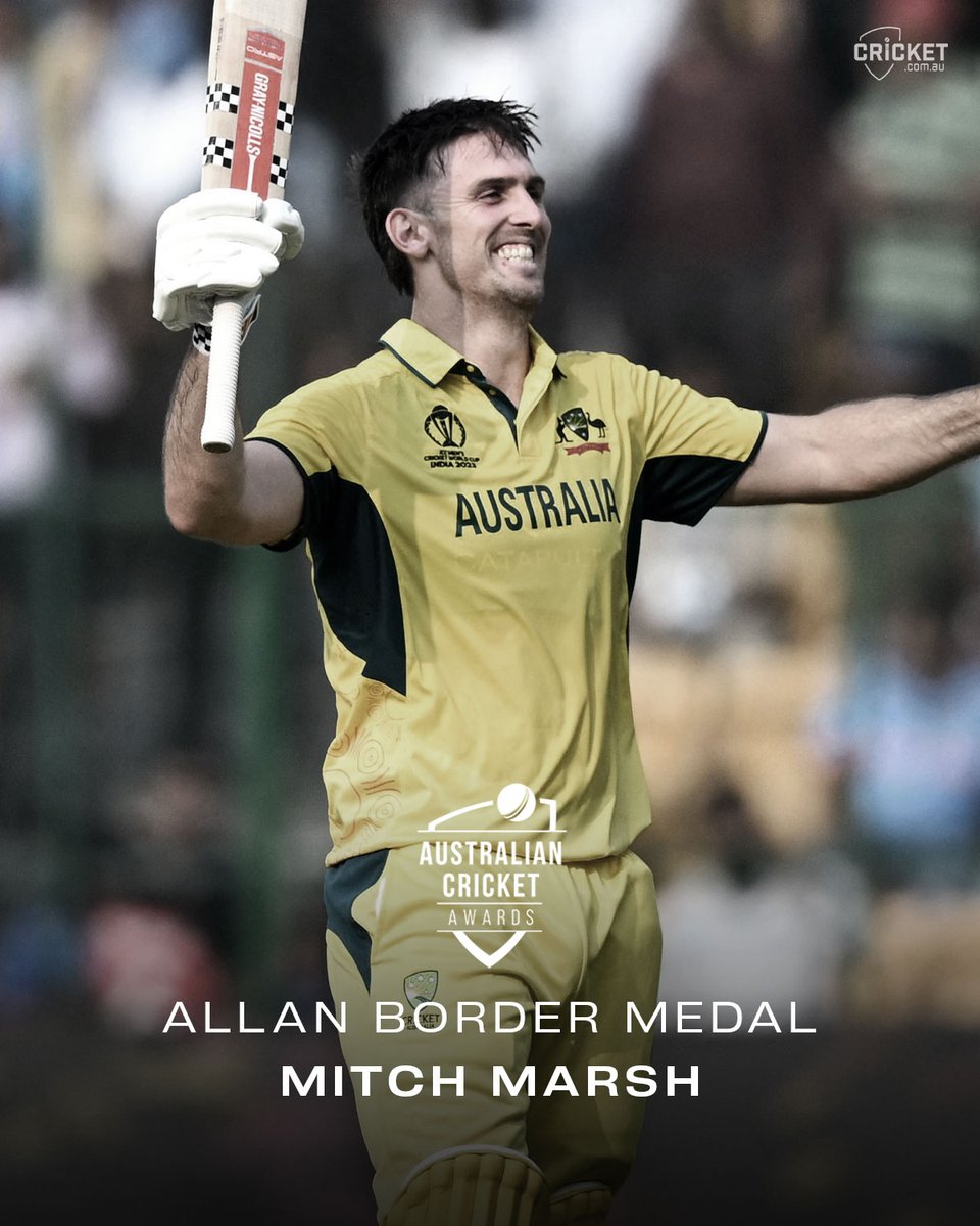 cricketcomau's tweet photo. A year to remember! 

Mitch Marsh is the 2023 Allan Border Medallist! 🥇 #AusCricketAwards https://t.co/Wz4y47QGSv
