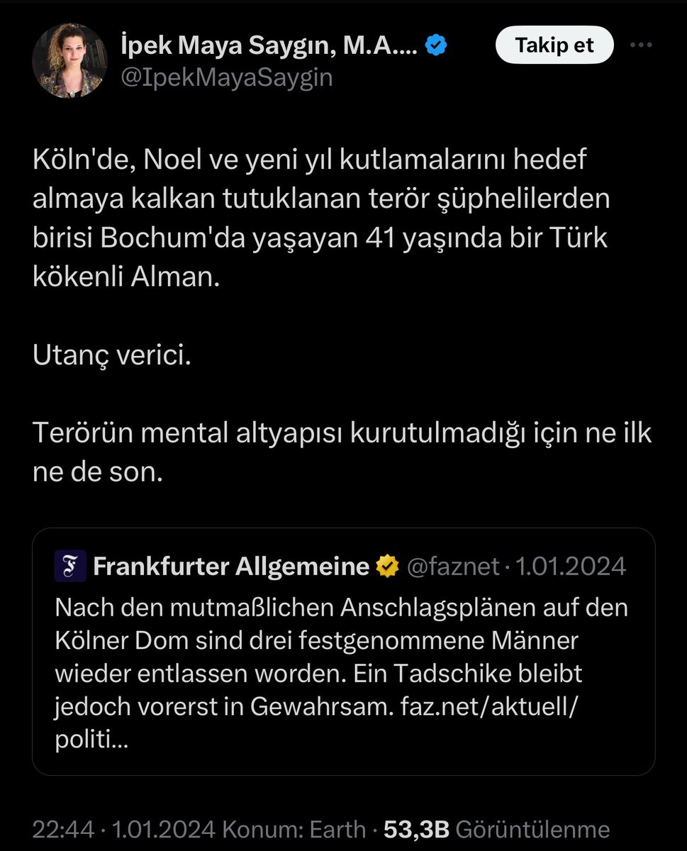 Tacize uğrayan Türk kadınına sapığın ırkını yazdığı için tepki gösteren gazeteci İpek Maya Saygın’ın, kısa bir süre önce terör şüphelisinin Türk kökenli olduğunu belirtirken hiç de sorun yaşamadığı görüldü.