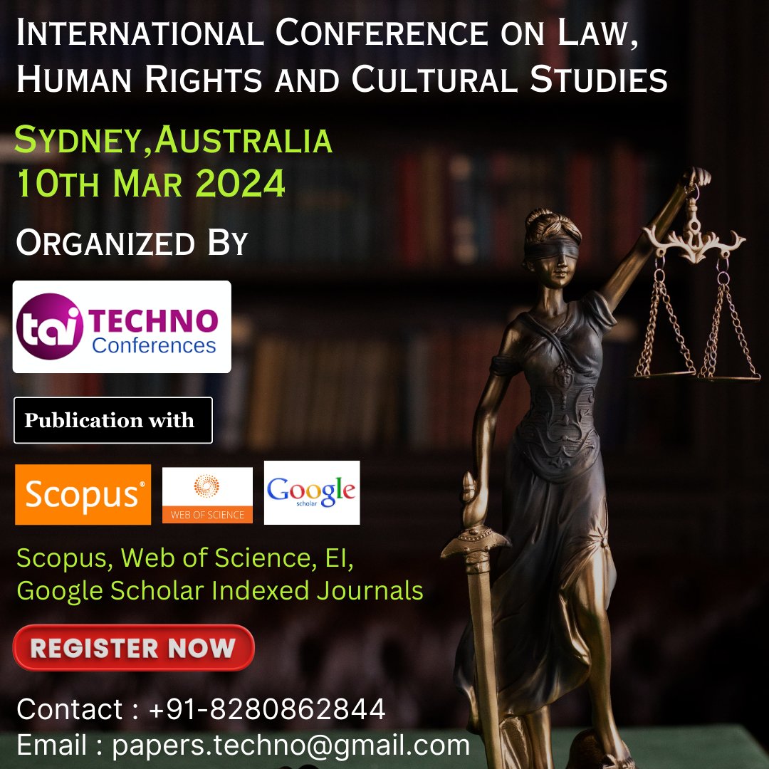 techno_conf's tweet image. Welcome to the International Conference on Law, Human Rights and Cultural Studies(ICLHRCS)

Date: 10th Mar 2024
Venue: Sydney, Australia

For more information: technoconferences.com/Conference/122…

#technoconference #upcomingconference2024 #sydney #civillaw #criminallaw #legalhistory #Riots